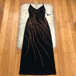 Y2K Rampage Velvet Abstract Embellished Sparkle Open Back Bodycon Black Orange S